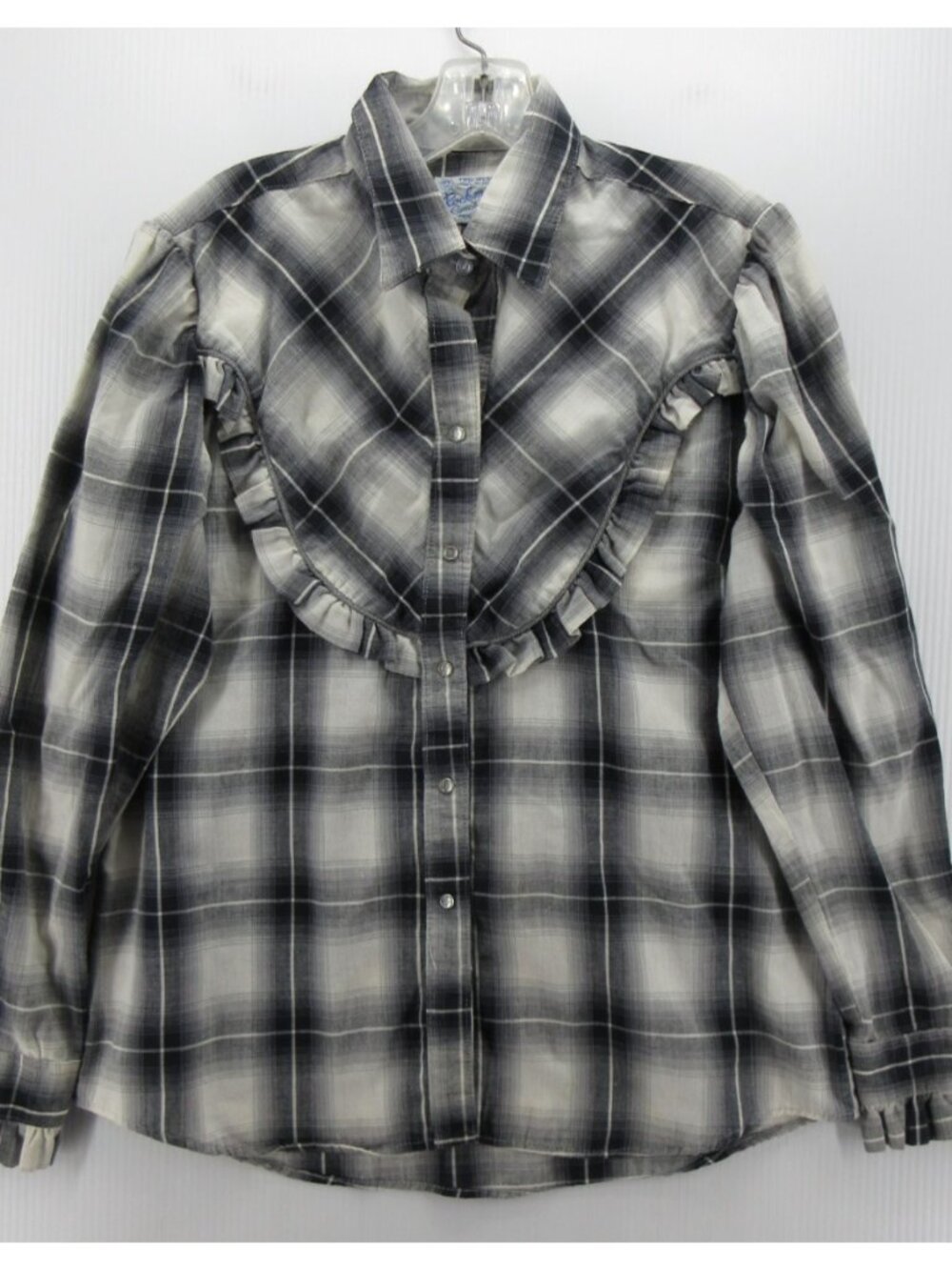 VINTAGE Rockmount Ranch Wear Top Large Shadow Plaid Ruffled Western *